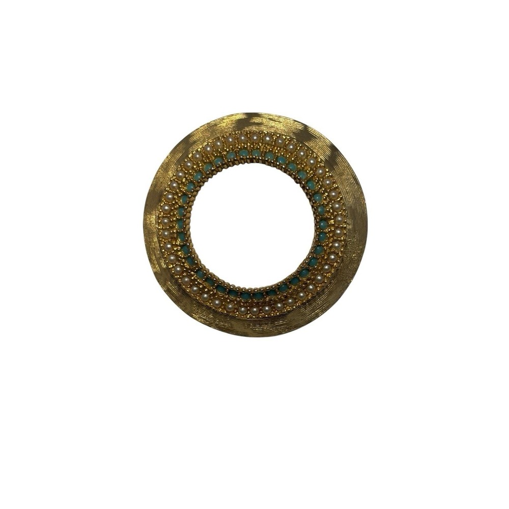 Vintage Benedikt NY Gold Tone Faux Pearl Turquoise Bead Accent Round Brooch Pin